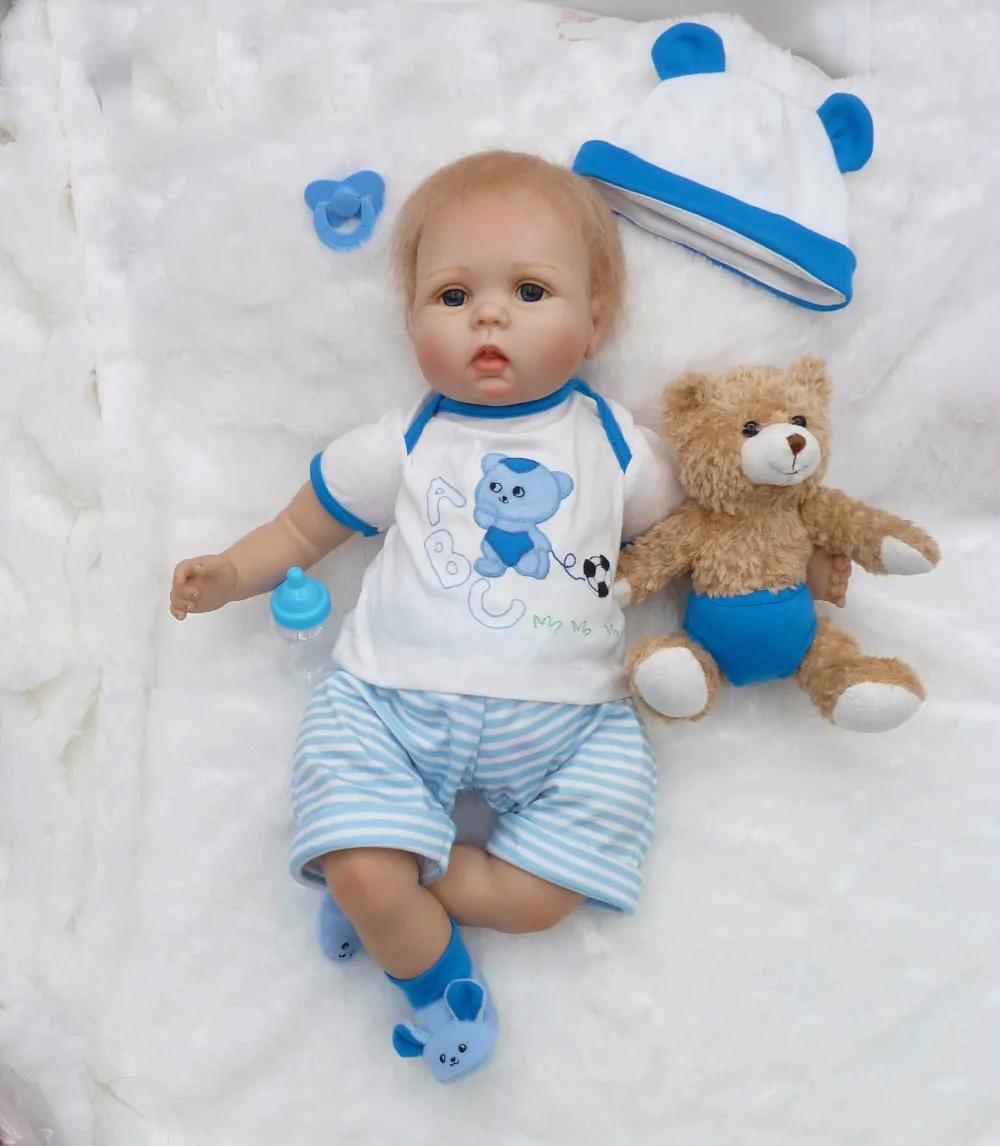 

22'in Super cute twins of the baby boy wearing light blue suit with one toy bear kids early education Silicone Reborn Baby Dolls