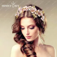 HIMSTORY, элегантная Цветочная повязка на голову с кристаллами и бабочкой, Красивый лист, жемчужное украшение, повязка на голову для свадебной фотосъемки, аксессуары для волос