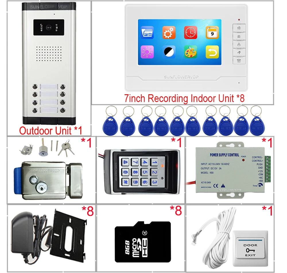 7 "видеодомофон с записью + 8 Гб TF карта клавиатура дверной звонок Домофон на 8 кнопках видео + электронный замок