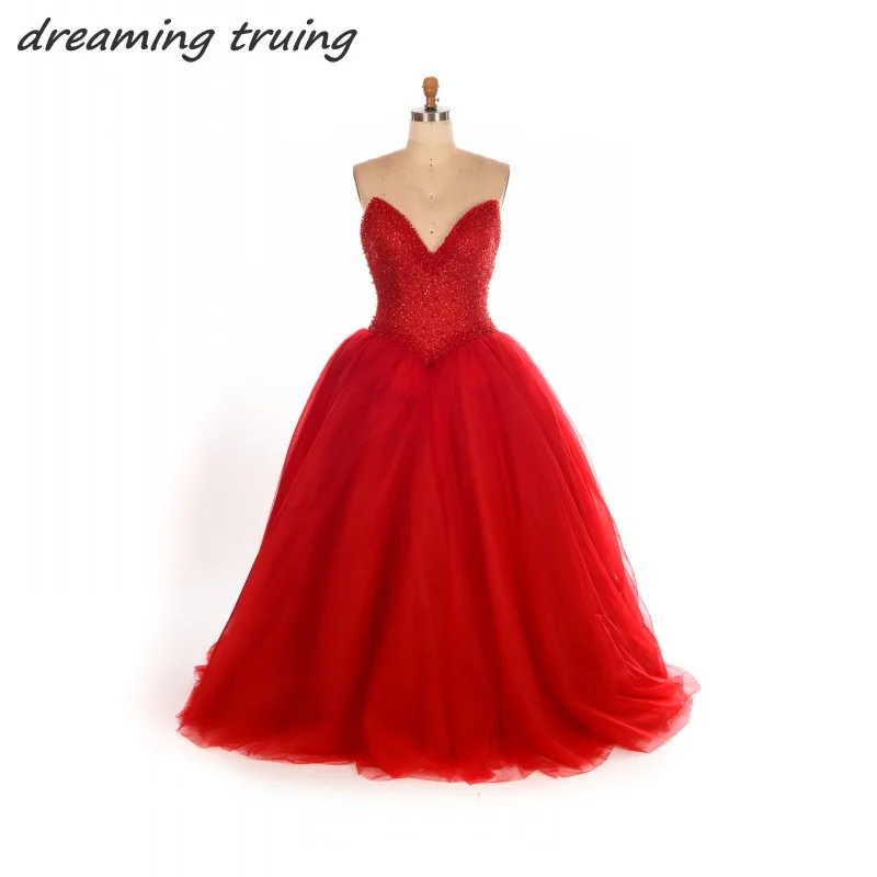 Блестящие красные Бальные платья тяжелый Бисер Длинные Пышные фатиновые Бальные платья Sweet 16 лет принцесса Платья для женщин для 15 лет - Цвет: Красный