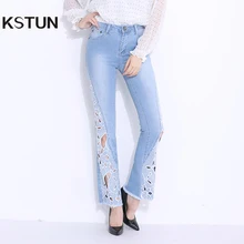 Джинсы kstun женские осенние полые модные светло-голубые вышитые цветы отверстия эластичность элегантные женские брюки 36