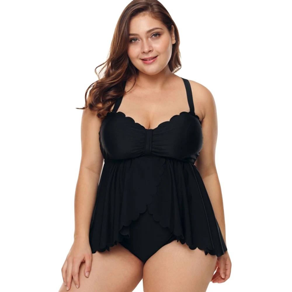 

Plus Size High Waist Scalloped Hem Back Criss Cross Skirted Tankini Set Maillot Bain Biquinis Women Push Up Underwire Tank Top