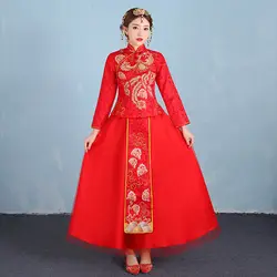 Невесты традиции Для женщин феникс вышивка Cheongsam долго Qipao свадебное платье Традиционный китайский платья Китай Костюмы магазине