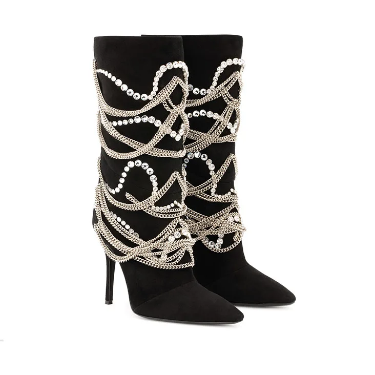12cm De Botas Venta 10cm Mediados Negro 2019 Alto Bota Heel Heel becerro Las Zapatos Dedo Pie De Otoño Caliente Mujeres Mujer Del Femenina Tacón Decoración Botines Cadena OrO7g4