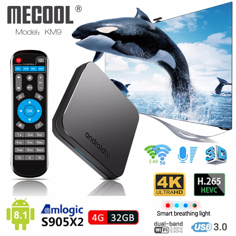 

Mecool KM9 Android 9.0 Smart TV Box S905X2 4GB DDR4 RAM 32GB ROM 2.4G/5G WiFi BT 4.1 USB 3.0 Top Box 4K H.265 Media Player