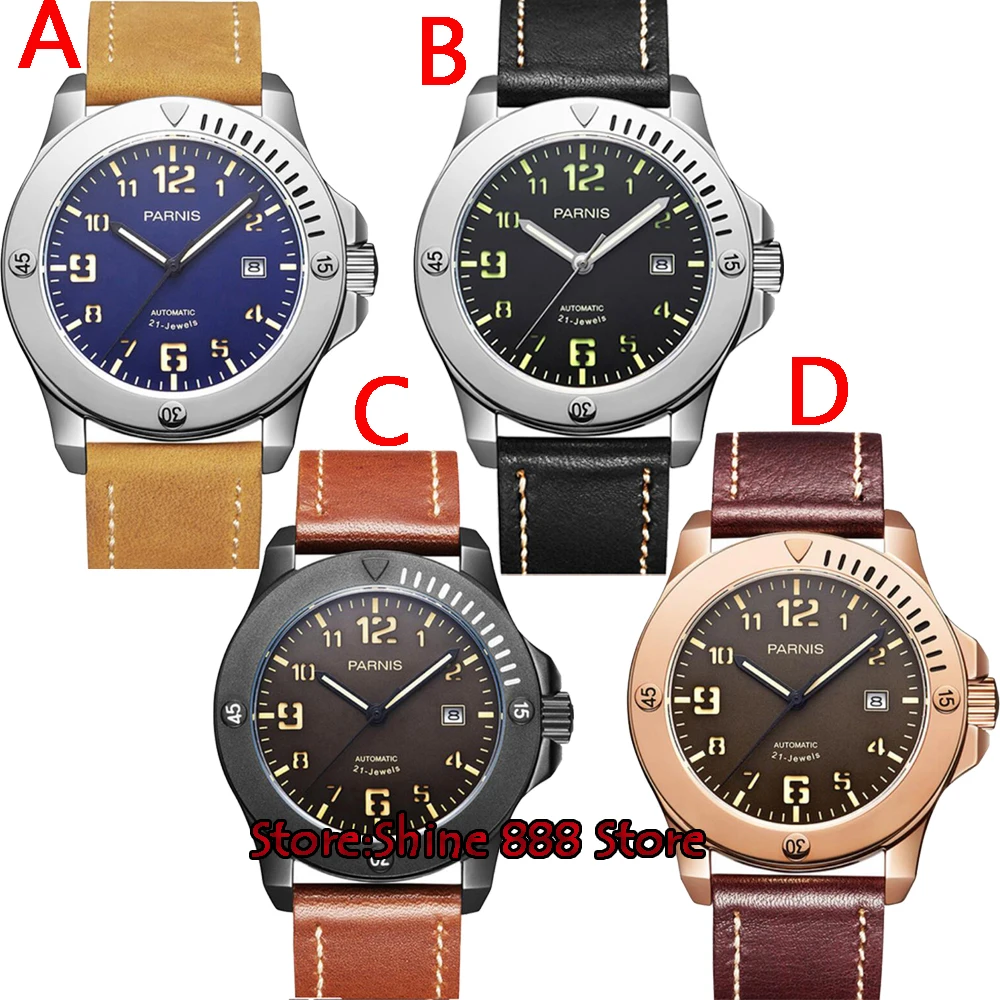 

43mm parnis blue dial date sapphire crystal miyota 8215 automatic mens watch