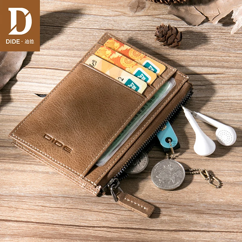 

DIDE Genuine Leather Men Wallets Luxury Credit Cards Coin Purse Brand cow Leather Vintage Mini Women Zipper bag