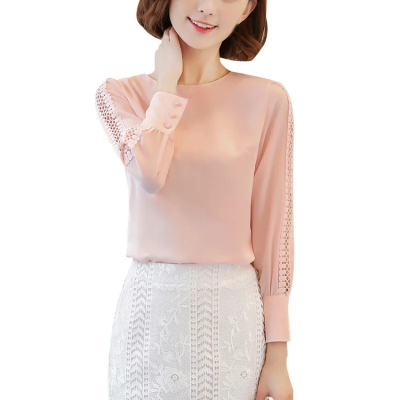 Blue Red White Chiffon Blouse Women Autumn Long Sleeve