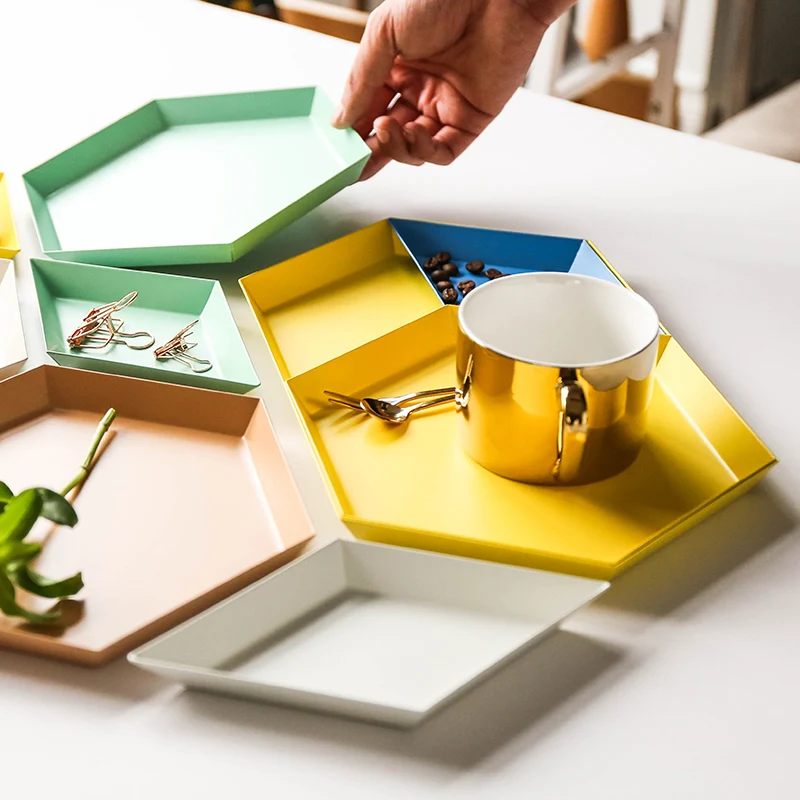 S size Colorful polygonal desktop combination storage tray Nordic geometric diamond metal hexagonal tea tray stainless steel 4