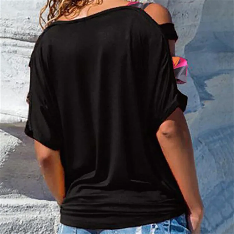 Горячая Распродажа, женская футболка с открытыми плечами, Новая Винтажная туника с принтом в стиле бохо и открытыми плечами, свободная футболка, Однотонная футболка с коротким рукавом, топы