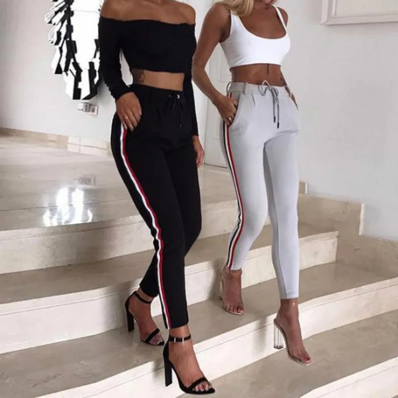 Ribbon Side Patchwork Pants Women 2017 Casual Fashion Grey Black Trousers Drawstring Waist Elegant Straight Pants Pants