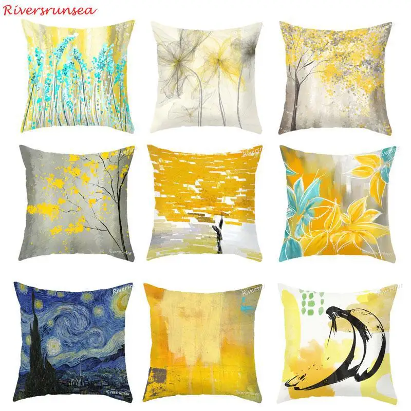 

Hand Painted Oil Painting Van Gogh Cushion Blue Starry Sky Tree Flower Pillow Creative Banana Geometric Graffiti For Office Sofa