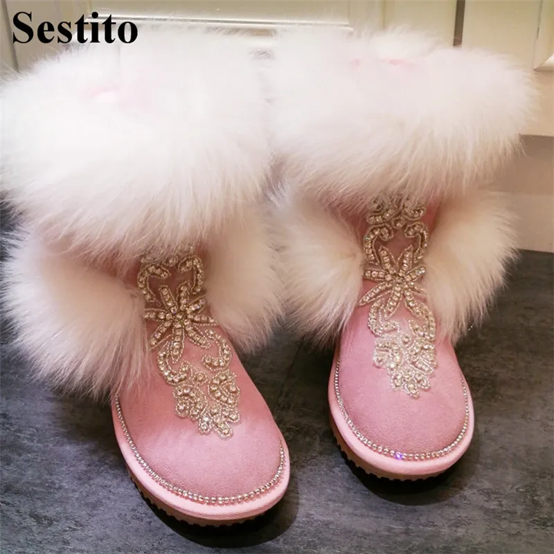 

2018 Fashion Crystal Keep Warm Winter Boots Woman Black Round Toe Mid-Calf Boots For Women Flat With Slip-on Casual Women Shoes