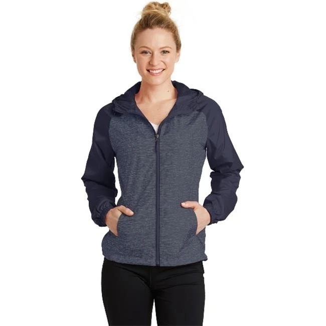 Sport-Tek LST40 Ladies Heather Colorblock Raglan Hooded Wind Jacket True Navy Heather & True Navy - Extra Large