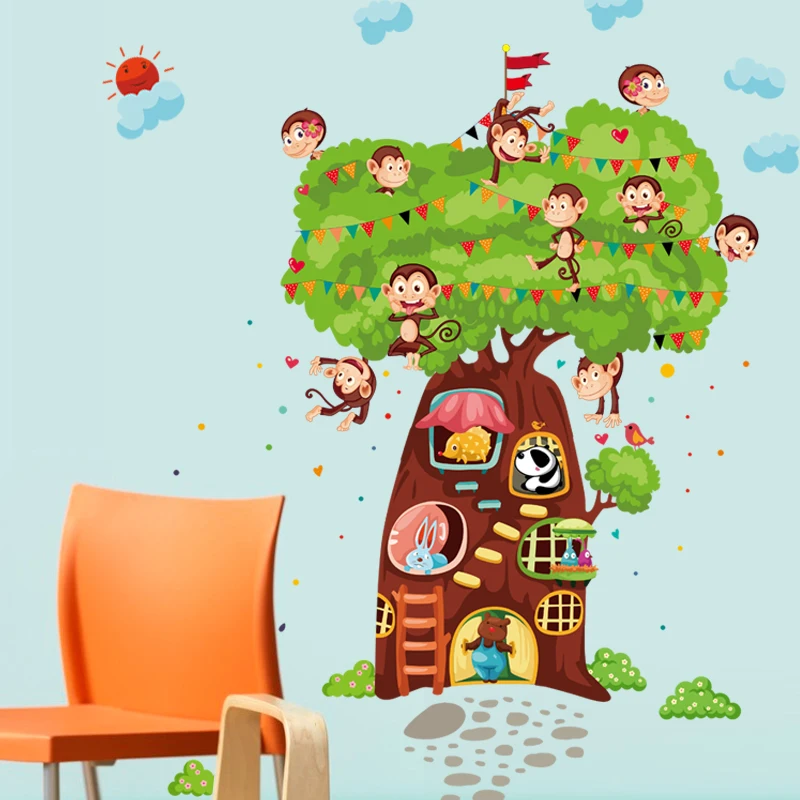 

Creative Tree House Monkey Living Room Bedroom Nursery Removable Tile Wall Stickers Waterproof Decal Decor Art Mural dc18