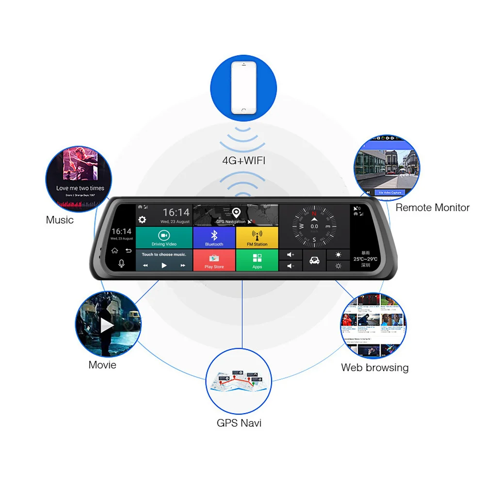 QUIDUX 10 &quotFull Touch IPS 4G Автомобильный видеорегистратор камера Android зеркало с двумя