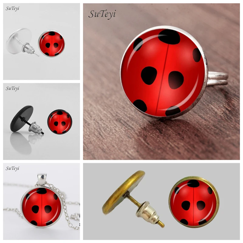 

SUTEYI Miraculous Ladybug Crystal Earrings Glass Circle Ladybug Animal Earings for Girls Silver Earing Anime Ear Nail Jewelry