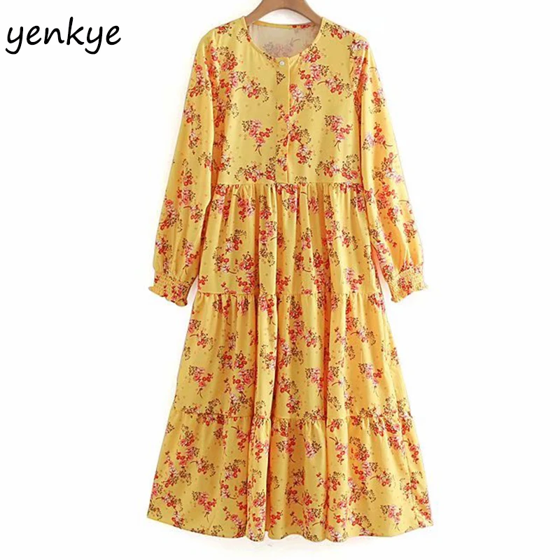 

Casual Summer Dress 2019 Women Yellow Long Sleeve Floral Print Dress Female Round Neck Pleated Loose Long Maxi Dress Plus Size