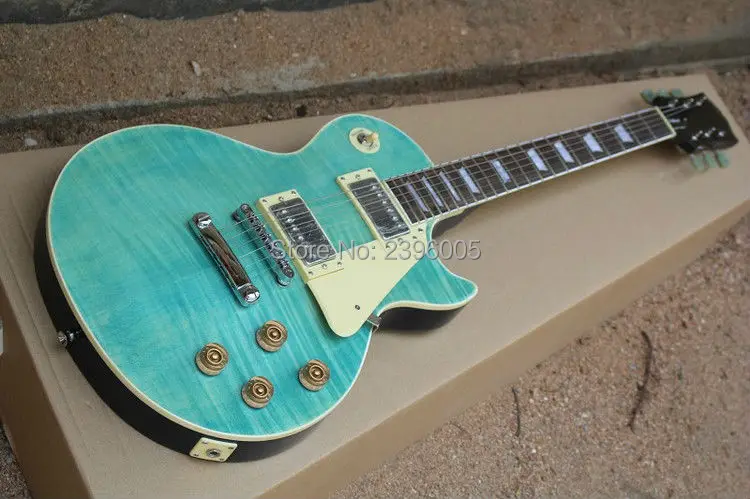 

Custom Shop LP standard electric guitar transparent light blue color tiger striped maple cover mahogany body lp guitar