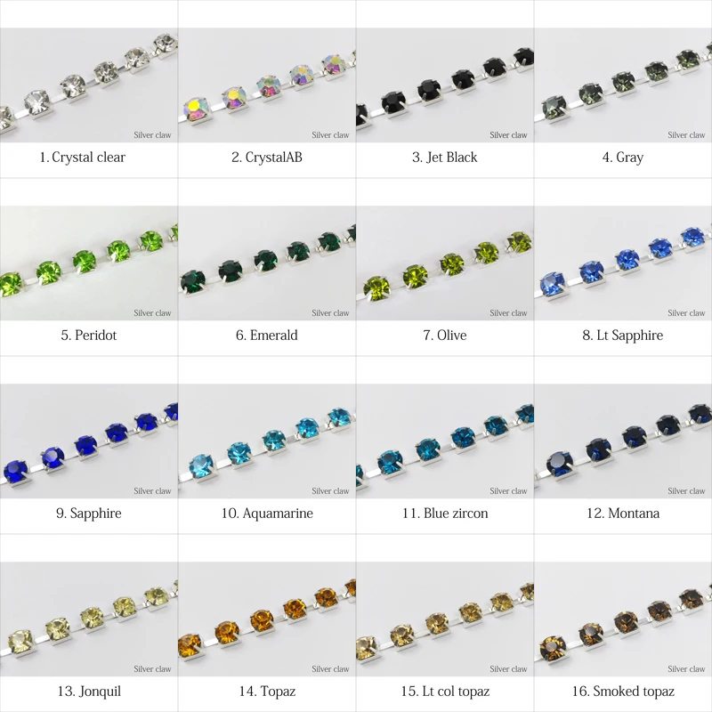 

New sale SS28 Crystal Rhinestones Cup chains 1/3/5Yards 32 colors Crystals Silver chains for garment bags free shipping
