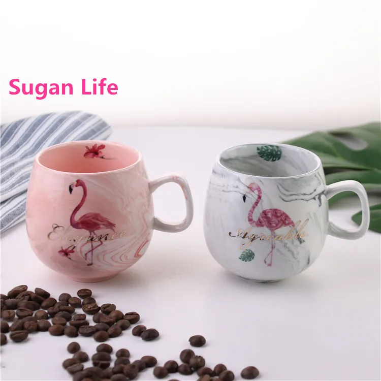 

Flamingo Ceramic Pink Blue Cup Morning Marble Mugs Milk Coffee Tea Breakfast Porcelain Golden Cup Wedding Anniversary Gift 330ML