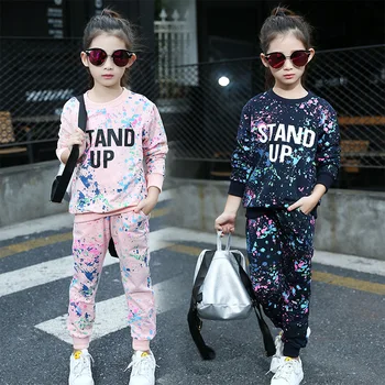 

Girls Clothing Sets Kids Tracksuits 2pcs Letter Print Sweatshirt + Paint Print Long Pants Sports Suit Set Children Sport Clothes