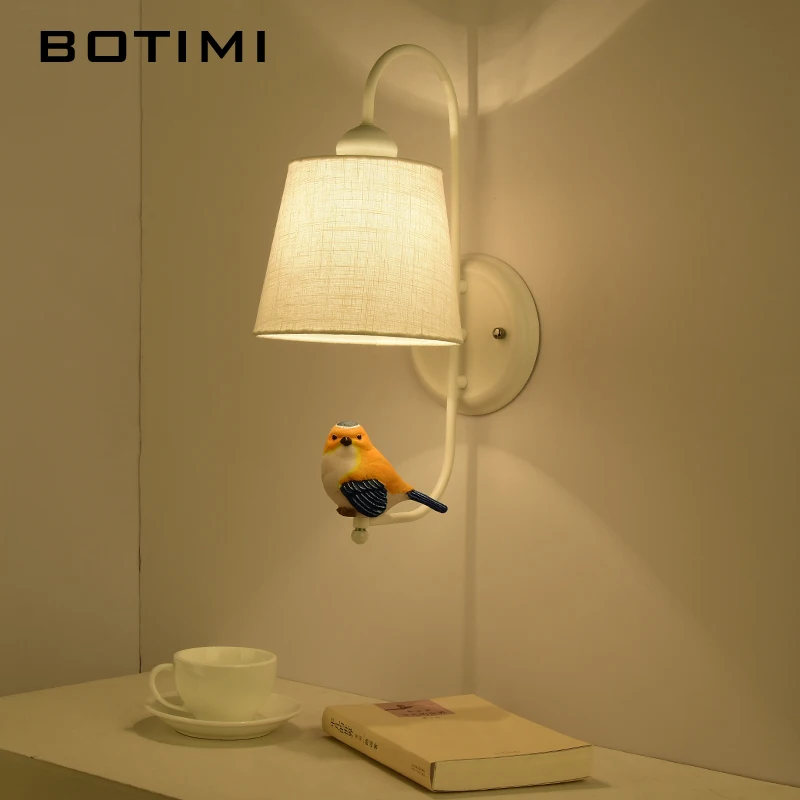 Billig BOTIMI Stoff Lampenschirm Wand Lampe Mit Vogel Moderne Tuch Schatten Wand Montiert Nacht Licht Eisen Wand Leuchte Zimmer Lichter