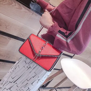 

SONG FRIEND Fashion Simple Small Square bag Women's Designer Handbag 2019 High-quality PU leather Rivet Tassel Chain Shoulder b