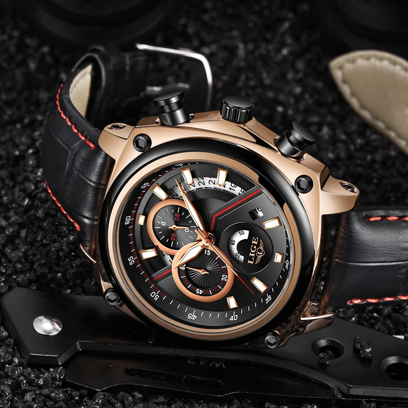 Мужские кварцевые часы Montre Homme LIGE роскошные деловые с хронографом и кожаным