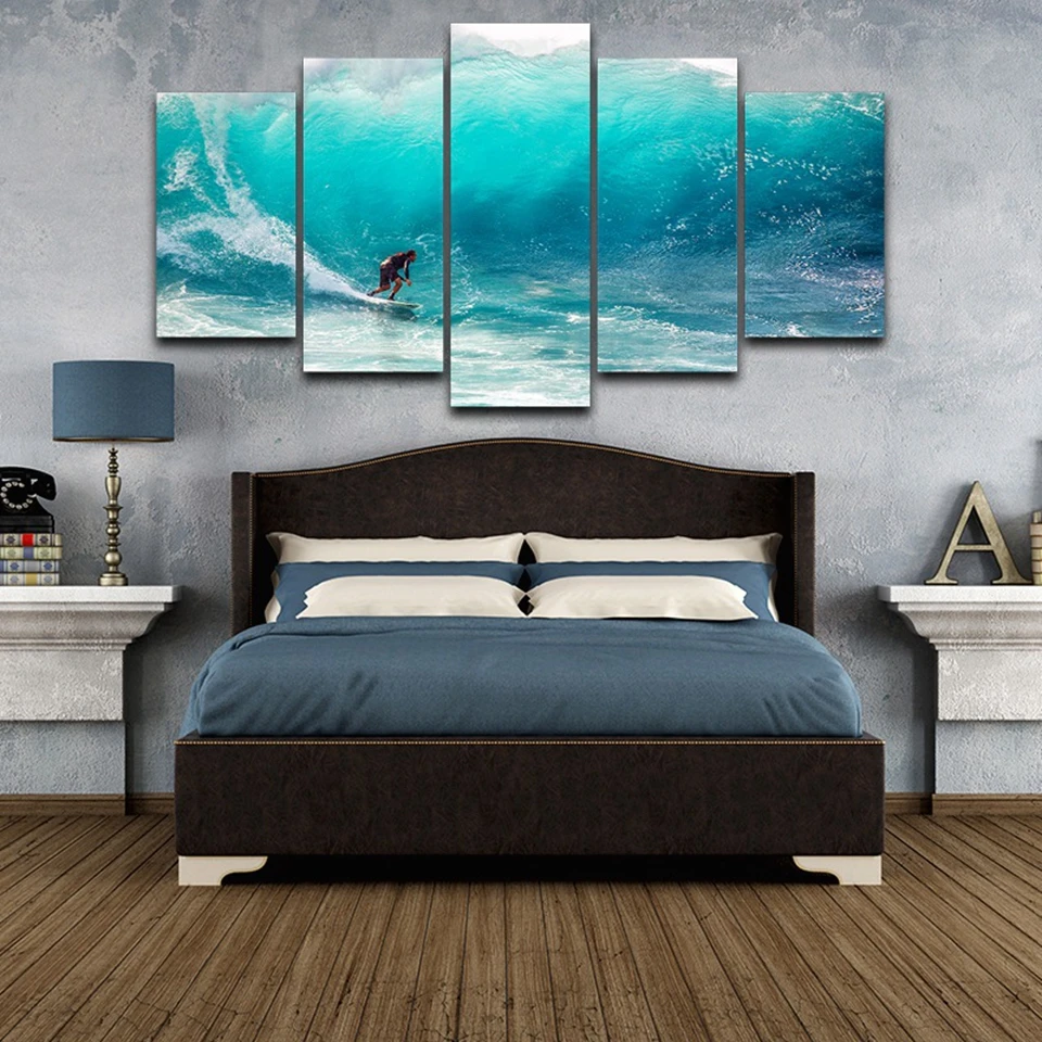 Wall-Art-Poster-Modern-Home-Decor-Living-Room-Bedroom-5-Pieces-Surfer-Waves-Seaview-Canvas-Print