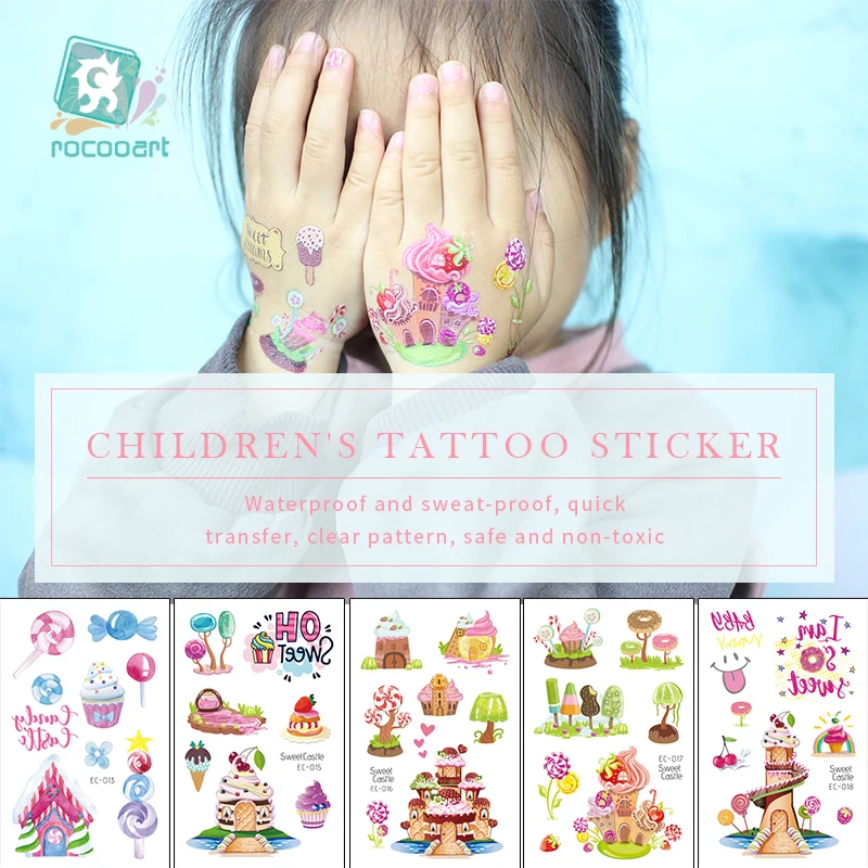 

Rocooart Cartoon Candy Tattoo For Kids Castle Fake Tattoo Icecream Temporary Tattoo Sticker Children Birthday Gift Girls Party