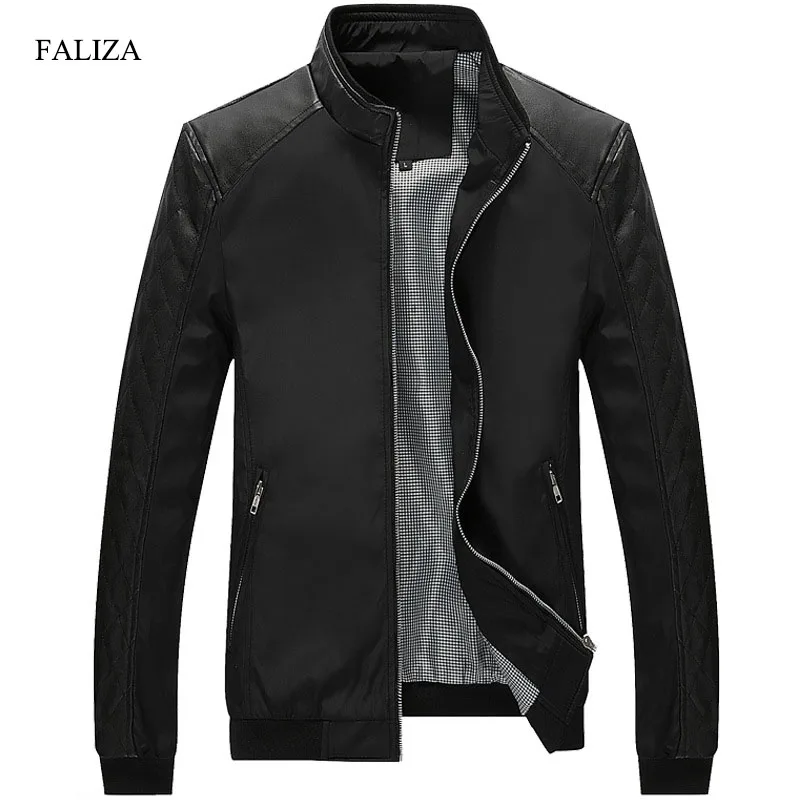 

FALIZA 5XL Spring Autumn New Men's PU Patchwork Jackets Casual Men's Thin Jackets Solid Slim Male Coats Brand Clothing SM-JK-D