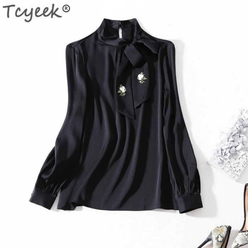 

Women Long Sleeve Shirts Real Silk Tops and Blouses Korean Fashion Clothing Vintage Rea Black Blouse Spring 2019 WW011
