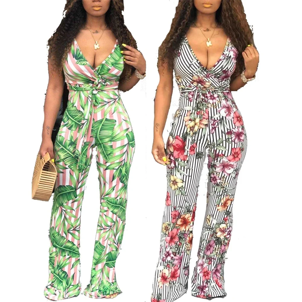 

2 Colors Women's Fashion Summer Deep V Neck Casual Striped Flower Printed Green One-piece Jumpsuit for Women Romper Holiday