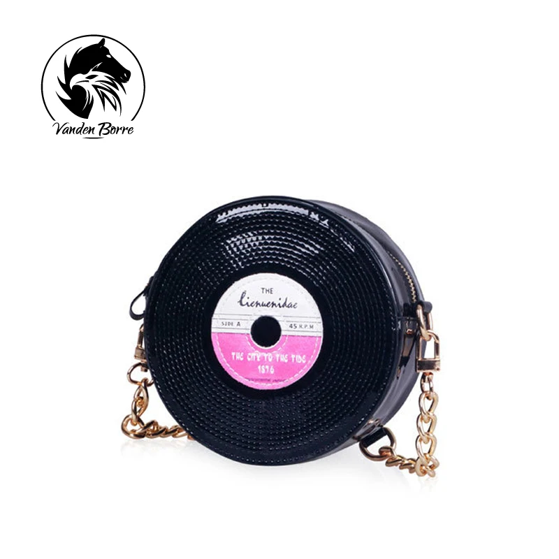 

2016 Fashion Vinyl records pattern PU Leather Circular Bag Lady Plain Round Shape Shoulder Bag For Teenage Girls Crossbody Bolso