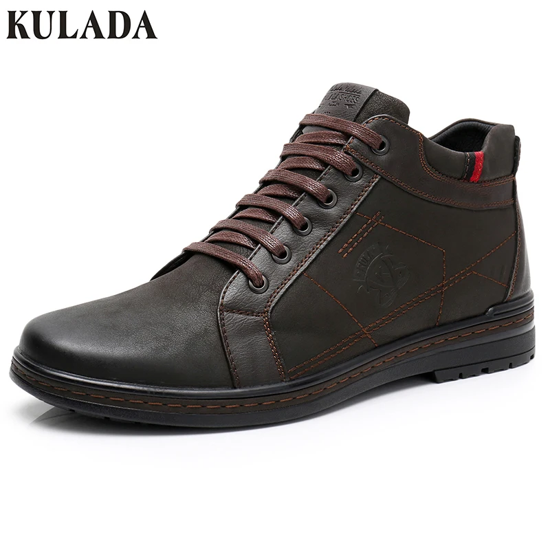 Online KULADA de alta calidad botas de hombre de invierno de piel gruesa zapatos de tobillo botas casuales con cremallera lateral para hombre hecho a mano calzado de gamuza de vaca