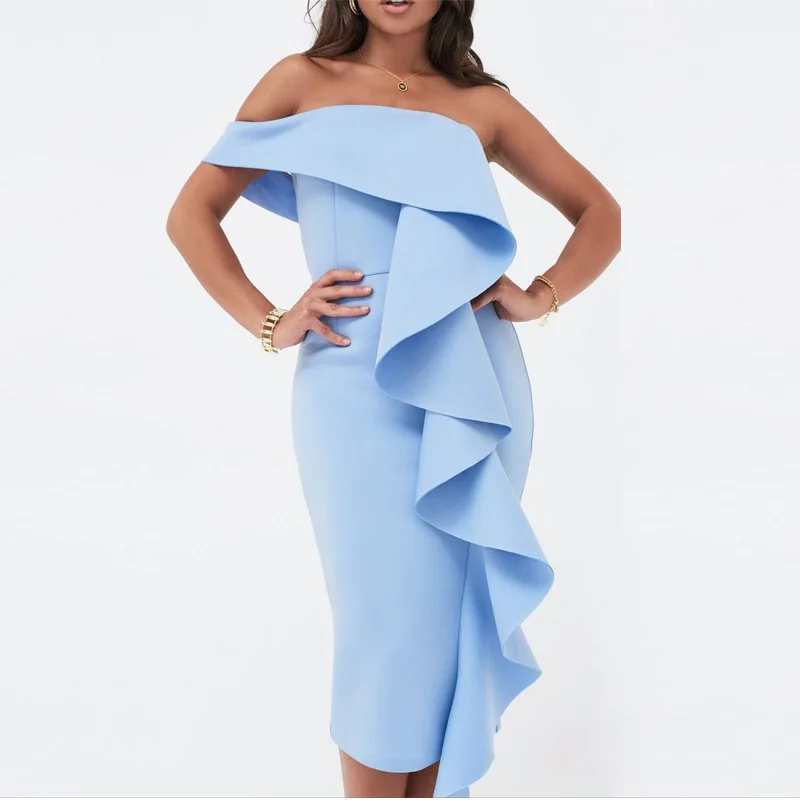 

blue Wrap Chest Sexy ruffle bodycon midi dress Space Cotton Elastic summer clothes for women dresses party night free shiping