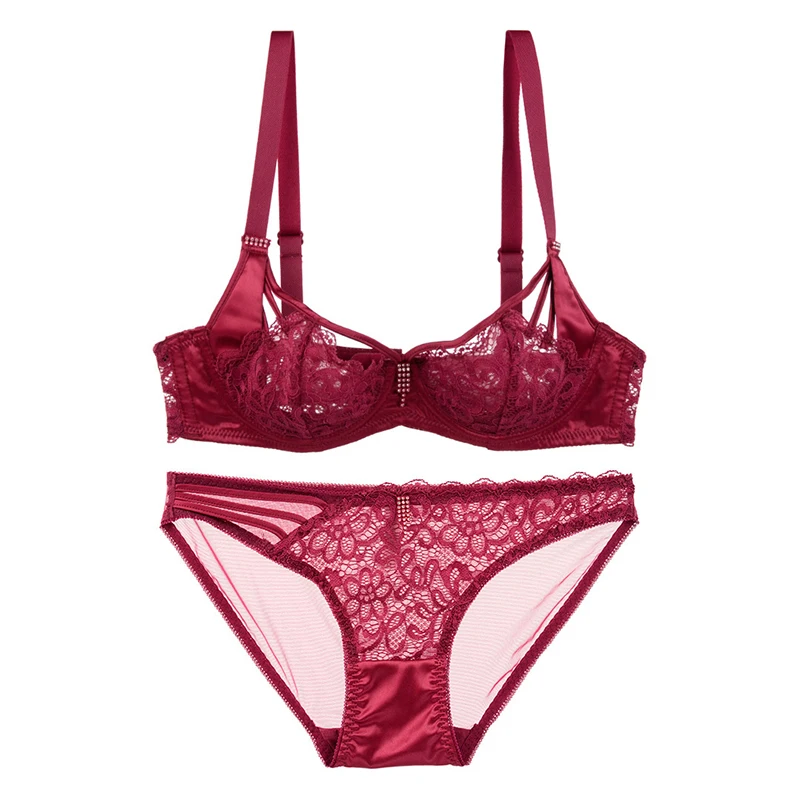 Women Strappy Lace Satin Diamond Sheer Demi Bra Set Ladies Luxury French Elegent Sexy Underwear Lingerie Sets Red Black BCD Cup Women Strappy Lace Satin Diamond Sheer Demi Bra Set Ladies Luxury French Elegent Sexy Underwear Lingerie Sets Red Black BCD Cup