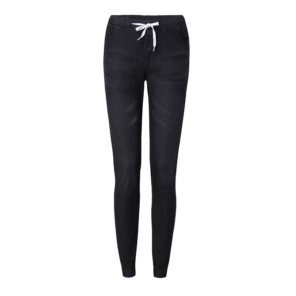 Свободные Страусиные женские летние брюки размера плюс повседневные брюки для дам до середины талии на шнурке обычные джинсы полной длины N30 - Цвет: Черный