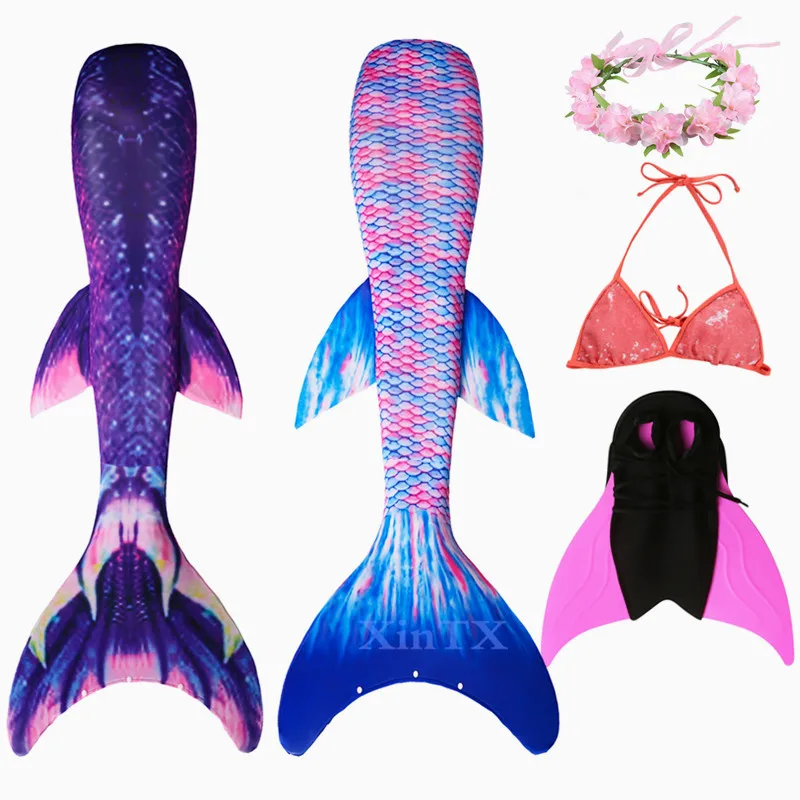 

New Adult 4PCS/Set Mermaid Tails with Flipper Monofin Bathing Suit Dress for Swimsuit Cosplay Costume with Garland