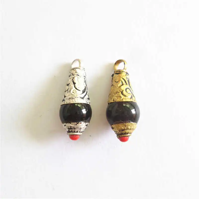 

TBP628 Nepal Vintage Water Drop Charms Copper Capped Black Agates Lovely Pendants