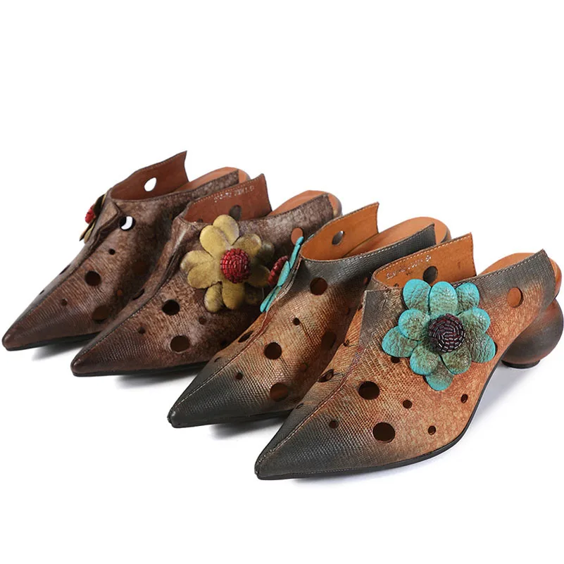 

QPFJQD Ethnic Style Women Genuine Leather Sandals High Heels Slip On Pointed Open Toes Hollow Out Ladies Floral Sandals 2019