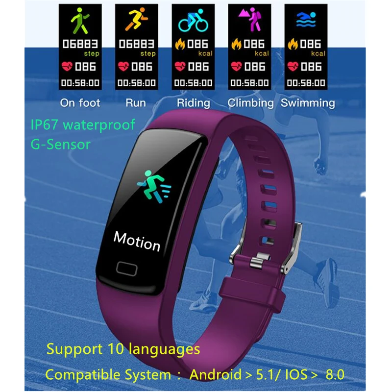 

touch screen smart bracelet pedometer sport Heart rate blood pressure Ftness Bracelet With Pressure Measurement IP67 waterproof