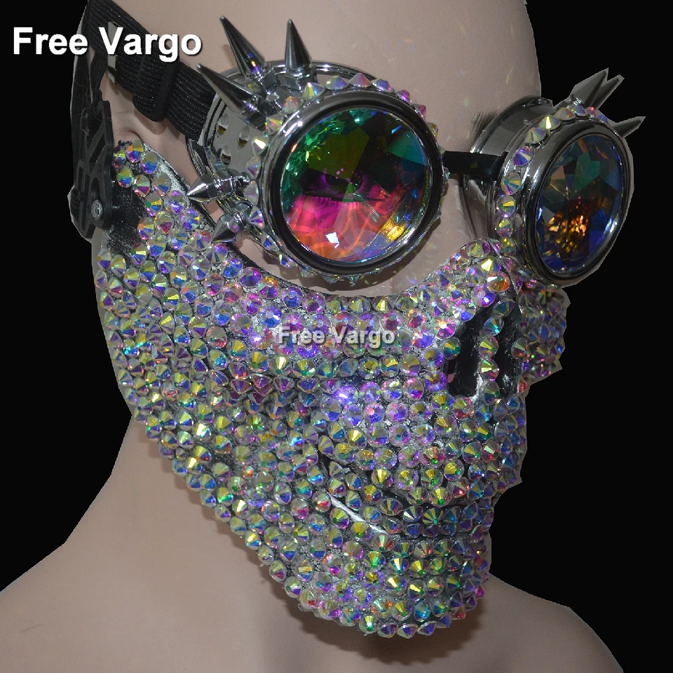  Holographic Rhinestone Rave Halloween Streampunk Burning Man Costumes Skull Mask Goggles Cosplay Festival Clothes Outfit