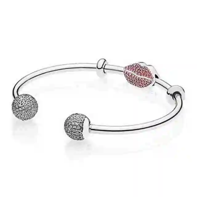 

Kristie 100% 925 Sterling silver SPARKLING KISS OPEN BANGLE GIFT SET Clear CZ fit DIY Original charm Bracelets jewelry A set