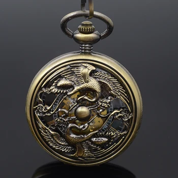 

Two Red-crowned Crane Auto Self Wind Mechanical Pocket Watch Skeleton Roman Number Men Women Vintage Luxury Xmas Gift