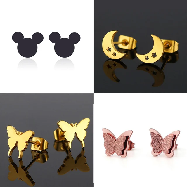 Jisensp Cute Stainless Steel Stud Earrings for Women Everyday Jewelry Gift Tiny Star Moon Earrings pendientes mujer moda 2018