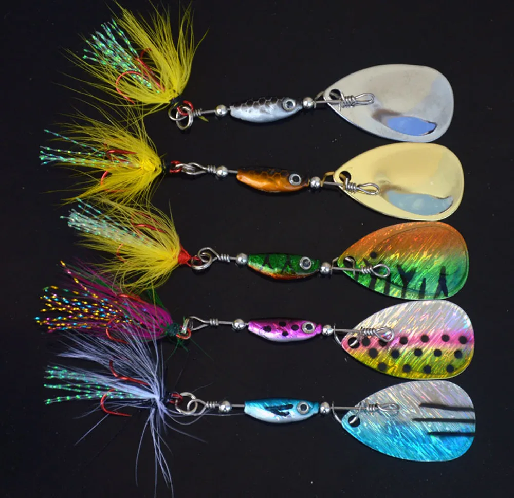5PCS Colorful Fishing Fish Spinner Spinnerbait spoon Lure Feather Hook