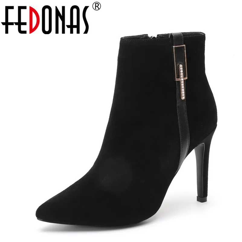 

FEDONAS Women Ankle Boots High Heels Pointed Toe Rhinestone Wedding Party Shoes Woman Elegant Office Pumps Ladies Basic Boots