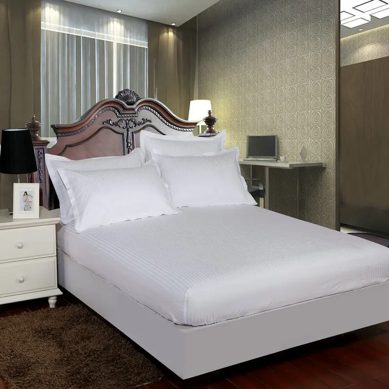  Hotel 100% Cotton Satin Fitted Bed sheet Stripe Mattress Cover Four Corners With Elastic Band 12 Co
